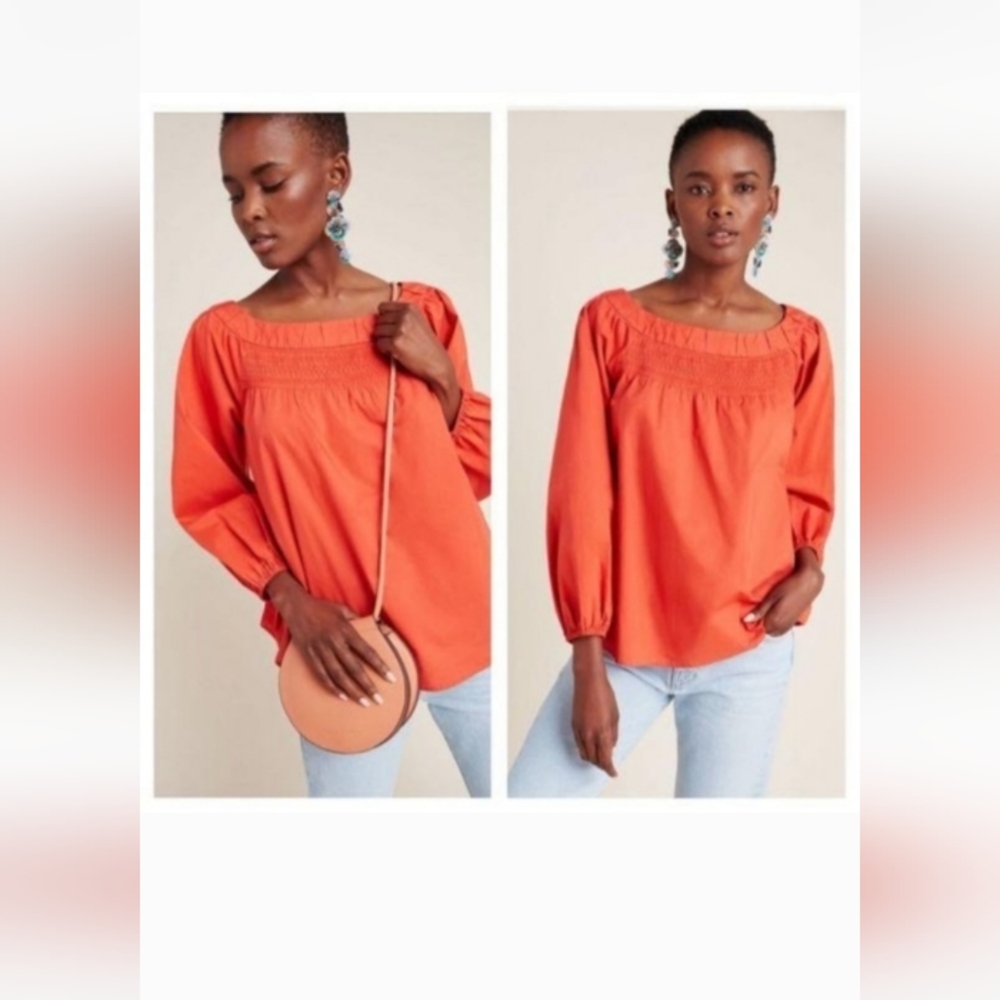 Anthropologie "Maeve"Coral Jessie smocked swing blouse